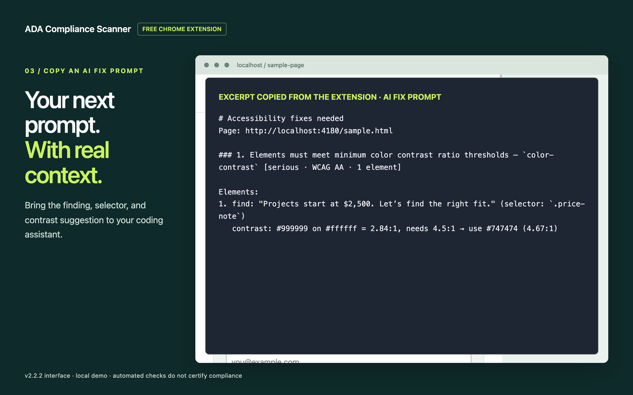 An excerpt from the copied prompt with a text selector and contrast suggestion.